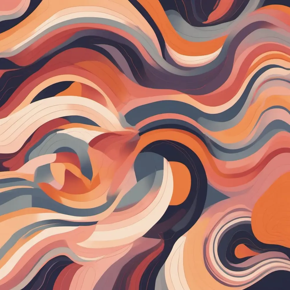 Flowing, wavy lines in orange, beige, gray, and dark blue form an abstract, swirling pattern
