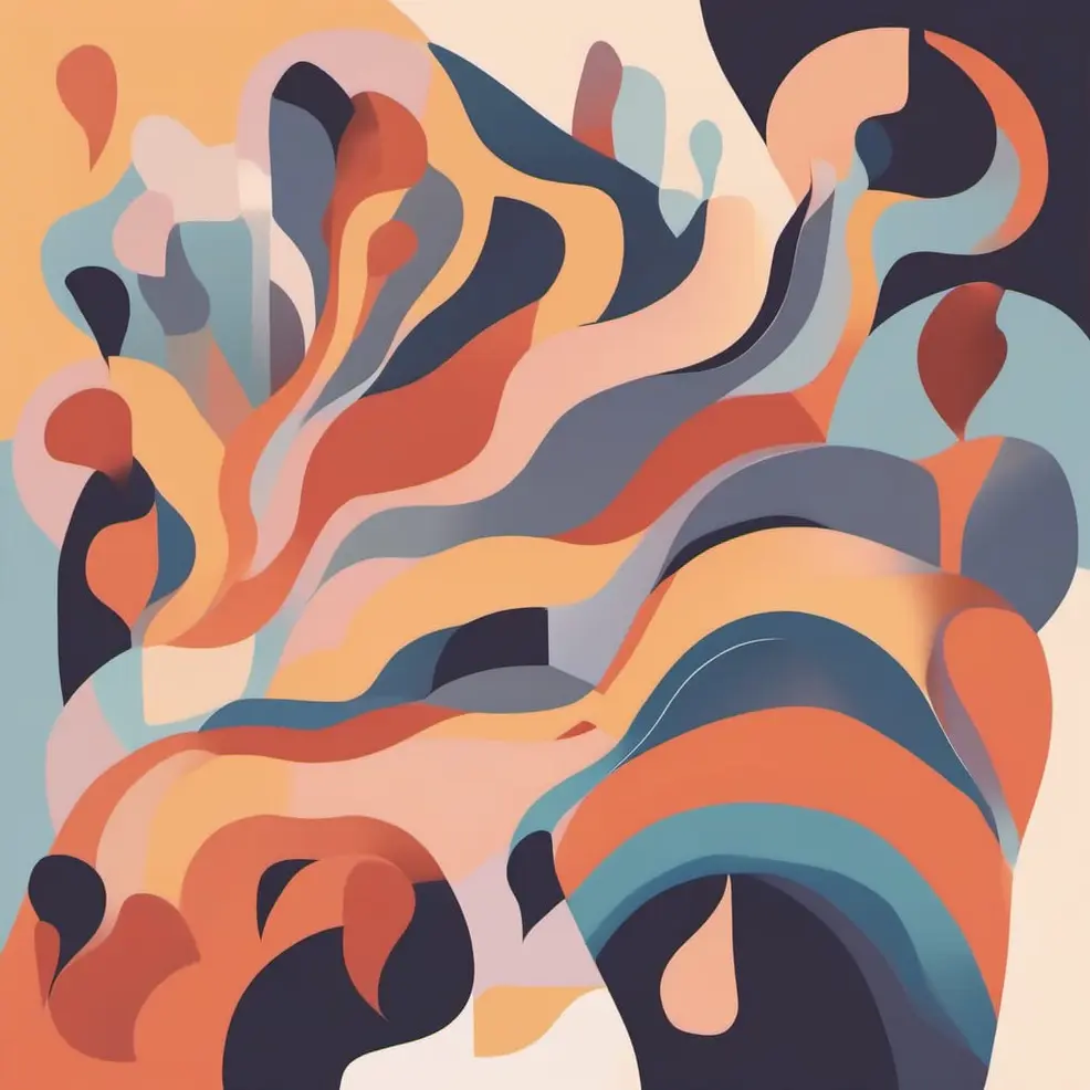 Overlapping abstract shapes in orange, blue, pink, and gray float against a warm-toned background