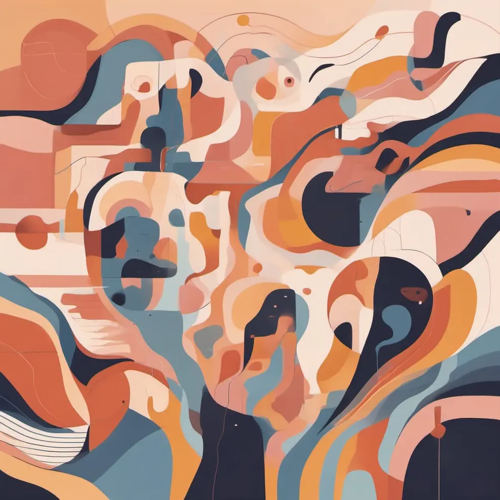 Abstract, flowing shapes in orange, blue, beige, and black float against a warm peach background dotted with scattered circles