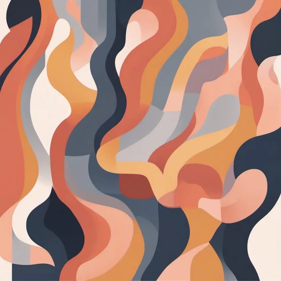 Overlapping, wavy shapes in orange, grey, white, and dark blue form an abstract, layered pattern
