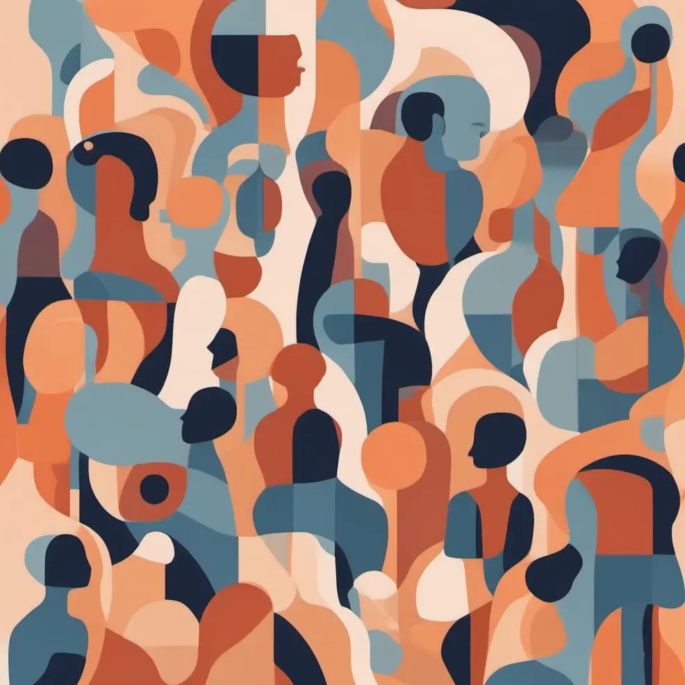 Overlapping silhouettes in orange, blue, cream, and dark navy form a dense, layered abstract pattern