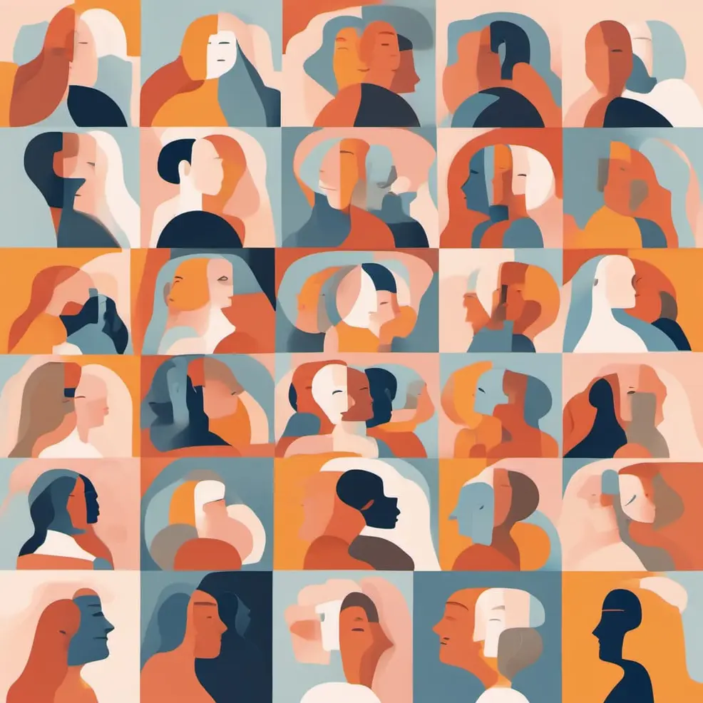 A grid of overlapping, stylized face silhouettes in orange, blue, beige, and dark brown appears against solid colored backgrounds