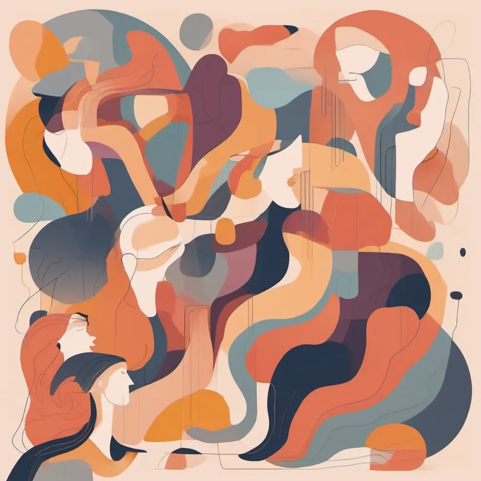 Overlapping abstract shapes in warm oranges, blues, and browns with two stylized faces on a peach-colored background