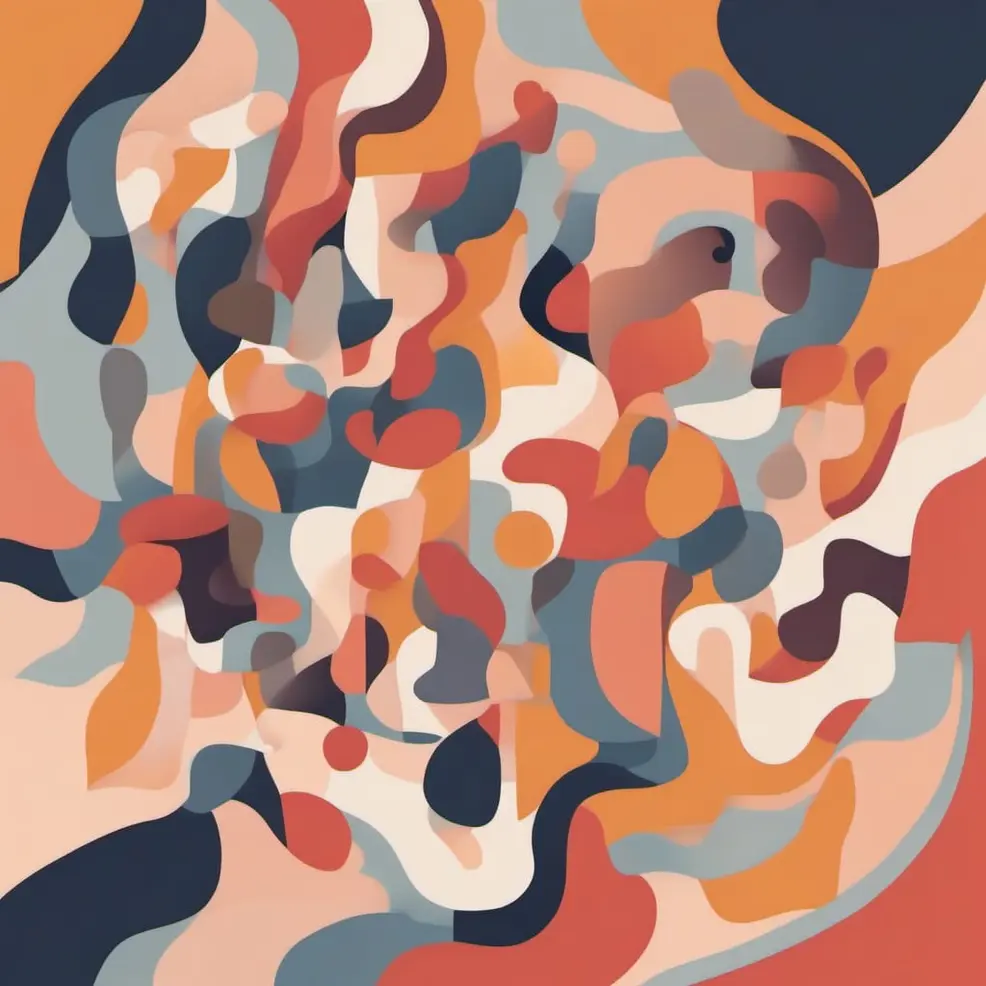 Overlapping abstract shapes in orange, blue, beige, and dark grey form a complex, layered pattern