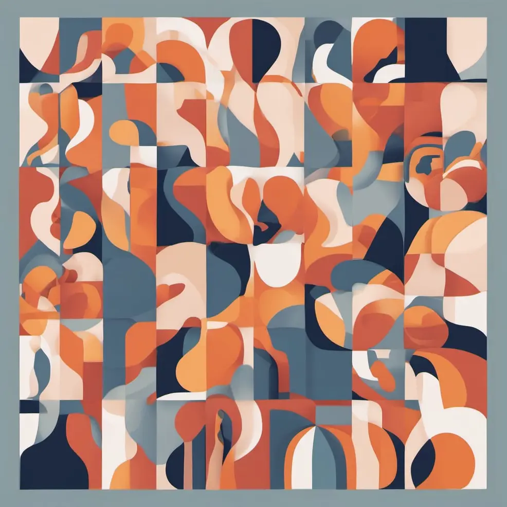 A square grid of orange, cream, blue, and grey abstract shapes sits on a muted grey-green background