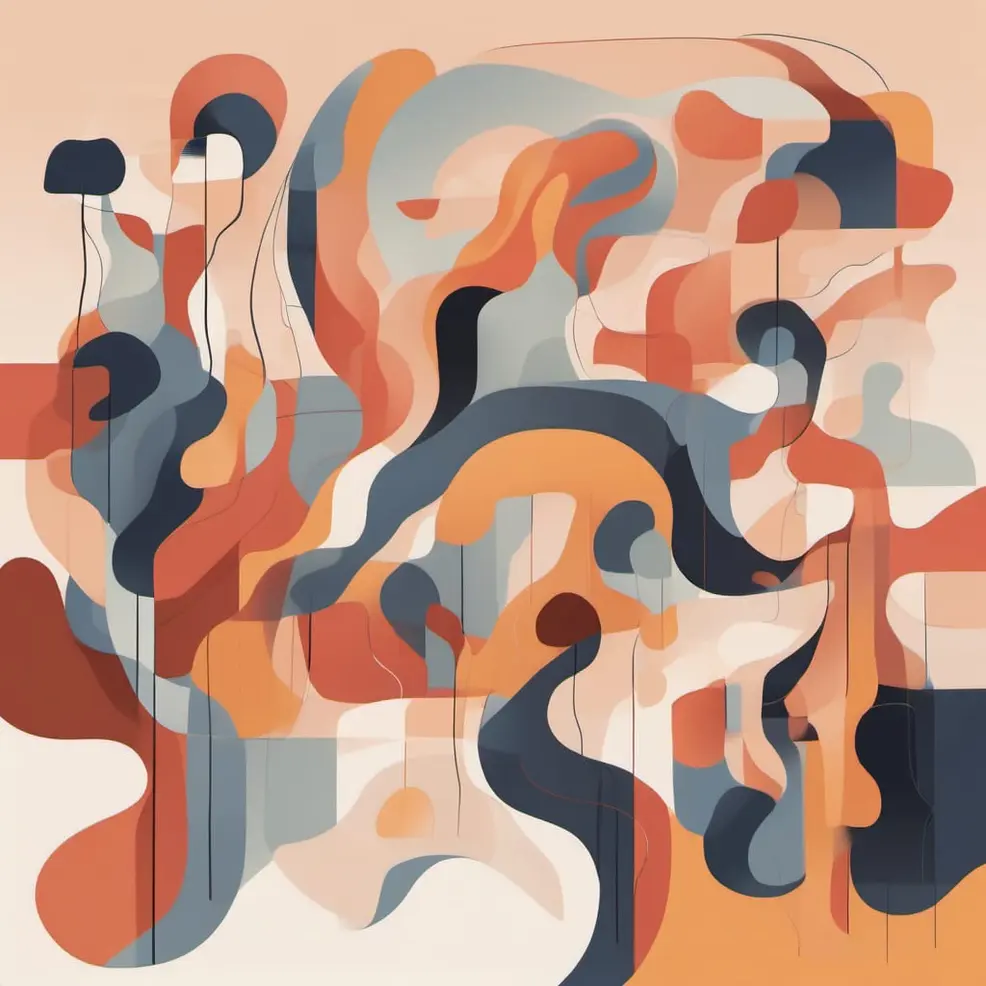 Overlapping abstract shapes in orange, blue-gray, beige, and black with thin vertical lines on a light peach background
