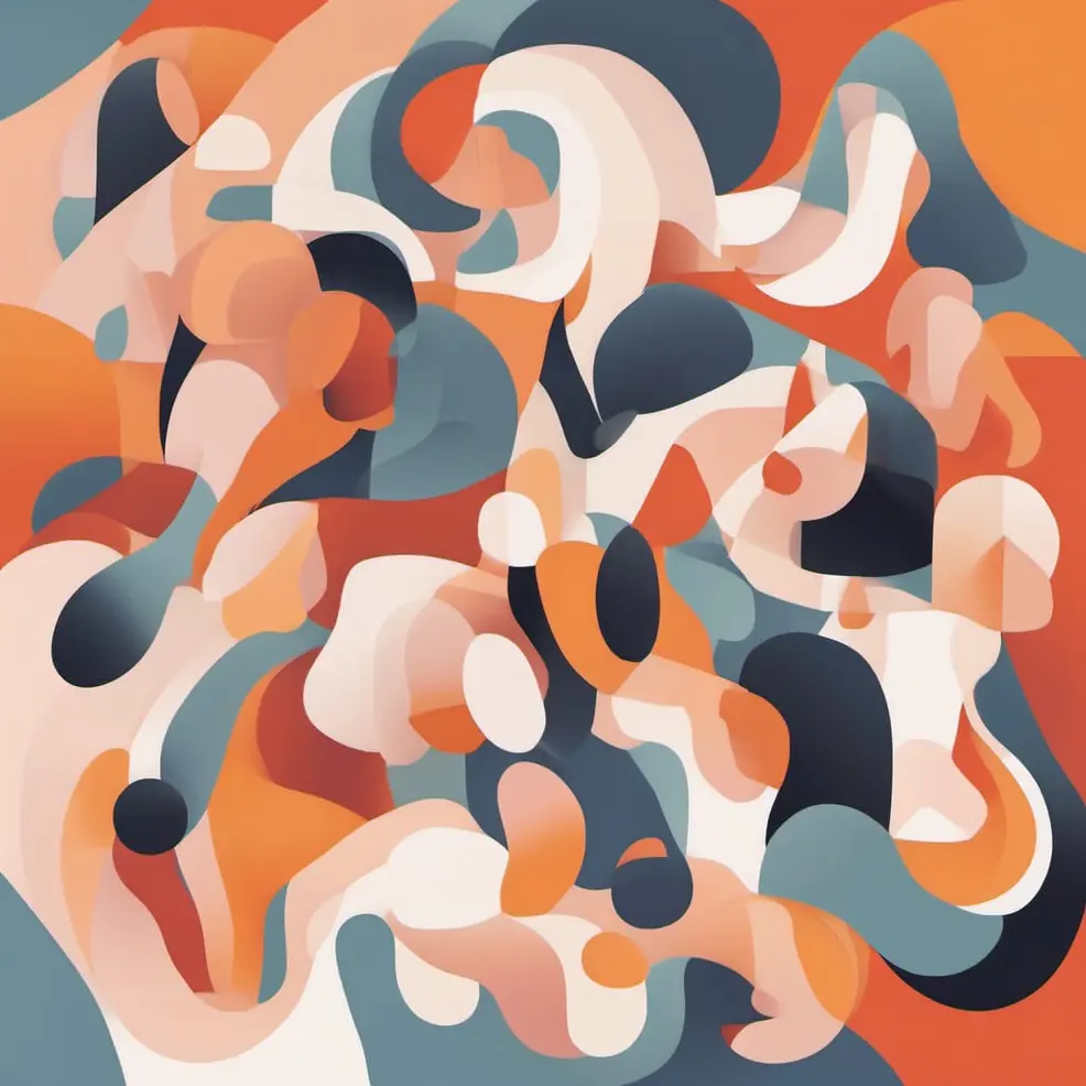 Overlapping rounded shapes in orange, white, gray, and dark blue form a dynamic, textured composition