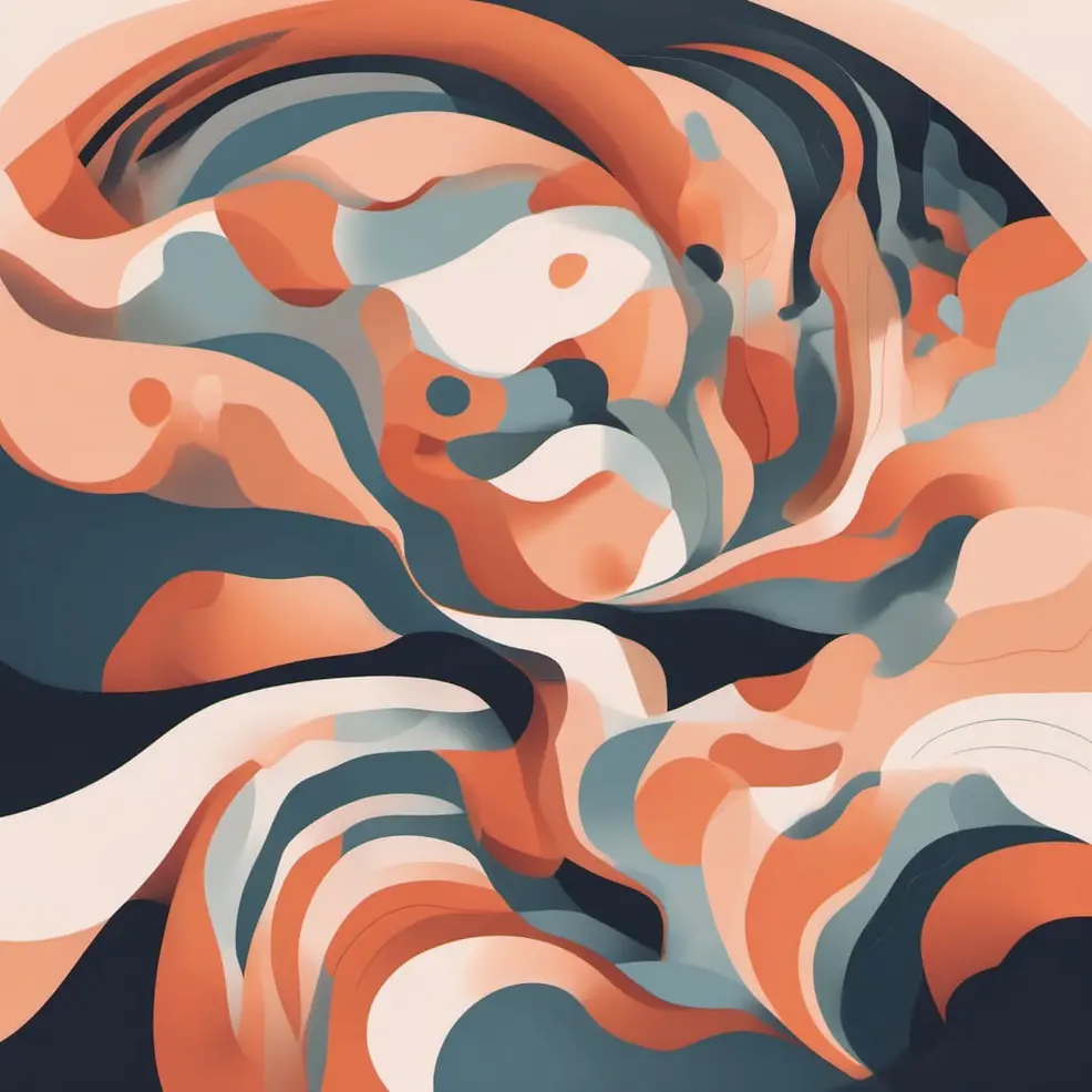 Swirling, layered shapes in orange, blue-grey, white, and peach float against a dark background
