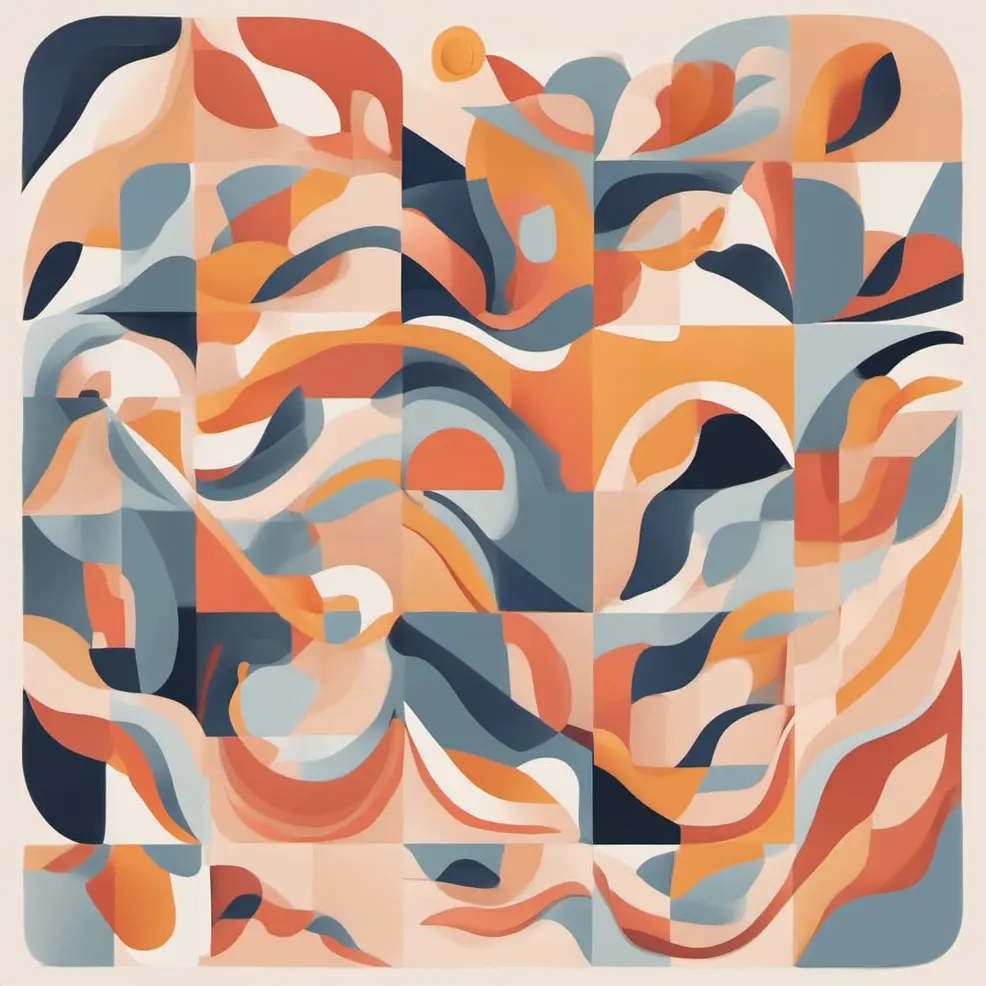 Interlocking orange, blue-grey, and beige shapes form a grid pattern on a light cream background with a small yellow circle
