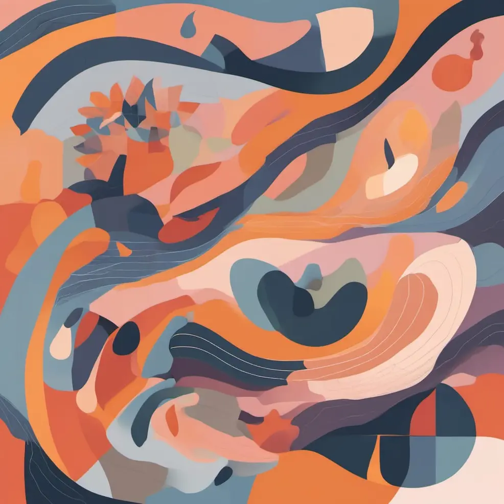 Flowing orange, blue, and pink shapes with a central floral element surrounded by curved lines and soft gradients
