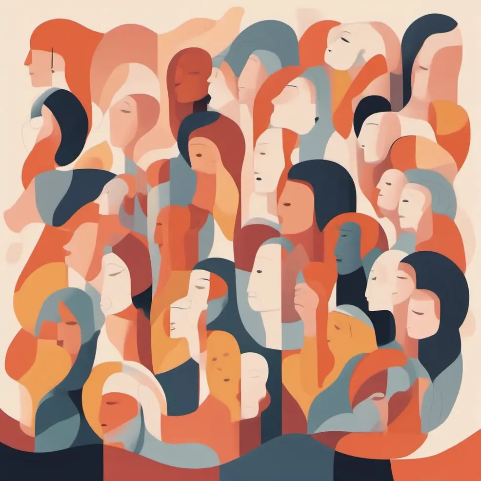 Overlapping stylized faces in orange, blue, beige, and brown hues appear on a pale cream background