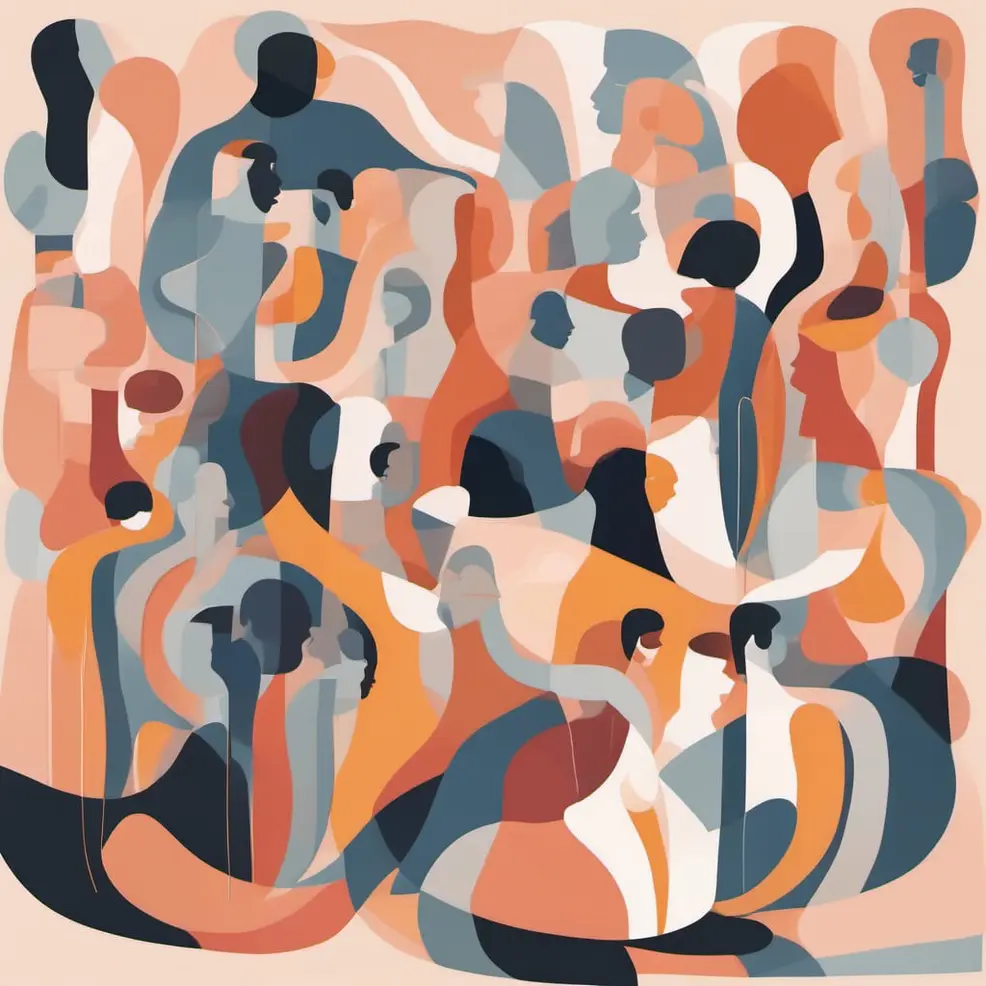 Overlapping abstract shapes in orange, blue, grey, black, and cream form layered faces on a pale background