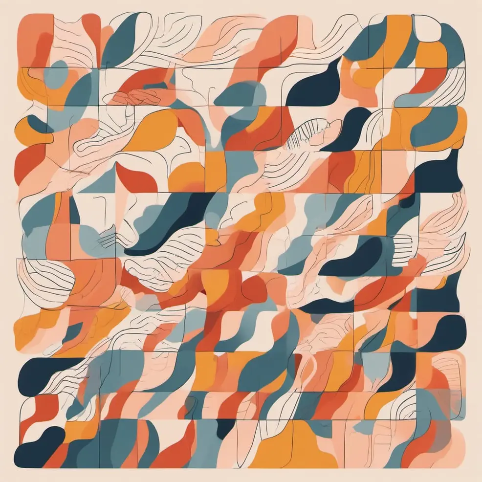 A grid of square tiles with abstract, flowing shapes in orange, blue, and beige outlined in thin white lines