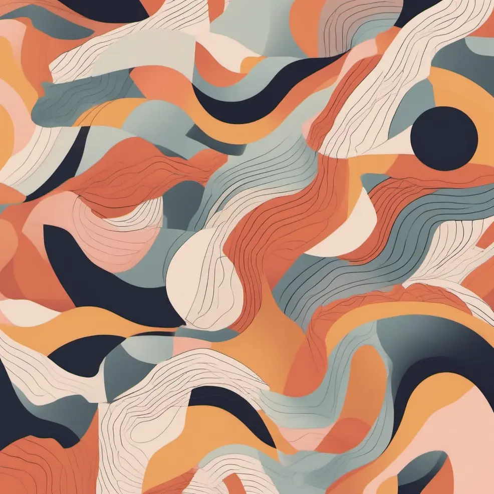 Overlapping organic shapes in orange, blue, peach, grey, and black with delicate white line details