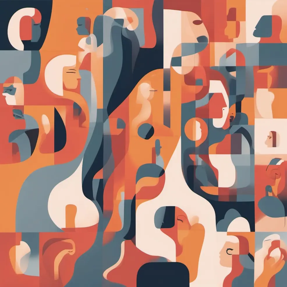 Overlapping geometric shapes in orange, blue, cream, and gray form a complex, tiled composition