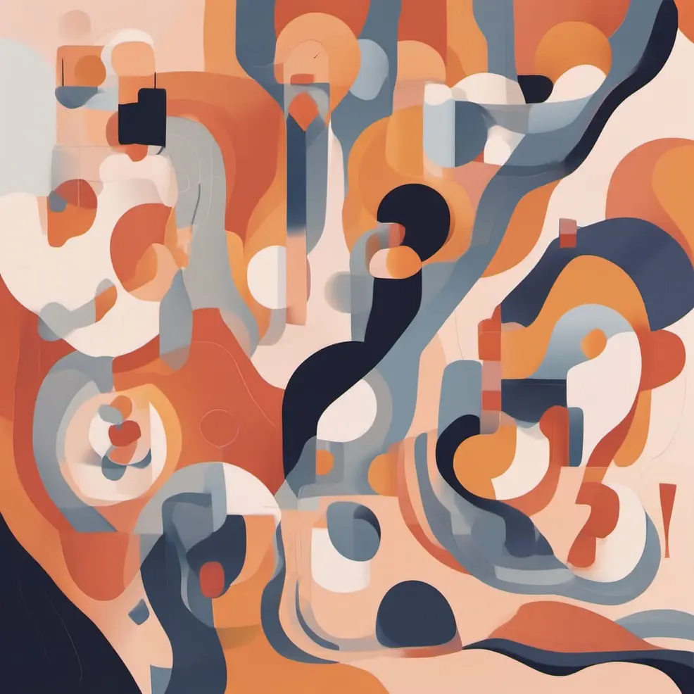 Overlapping rounded and rectangular shapes in orange, blue, gray, white, and black on a pale background