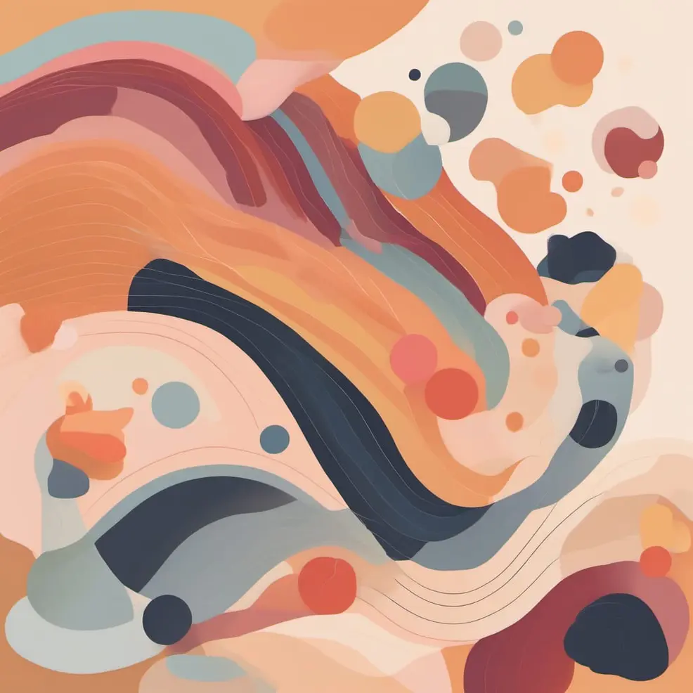 Flowing orange, blue, and beige shapes with dark lines and scattered circular forms on a light tan background