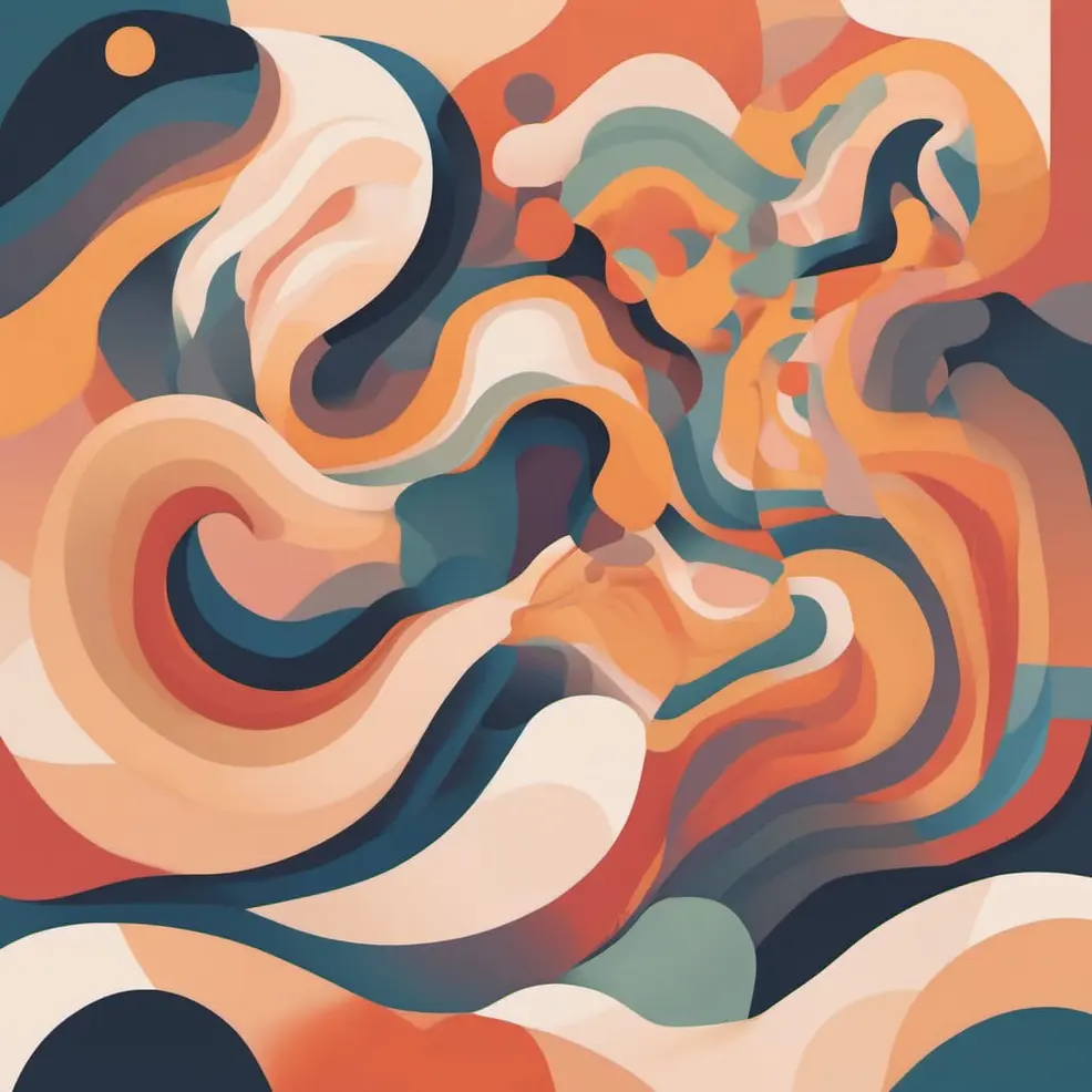 Flowing abstract shapes in orange, blue, beige, and gray form a swirling, organic pattern across the canvas