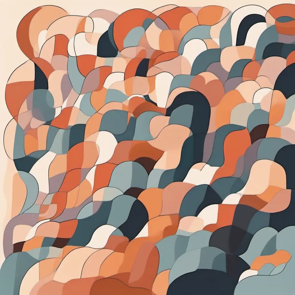 Overlapping rounded shapes in orange, blue-grey, cream, and dark brown on a light beige background