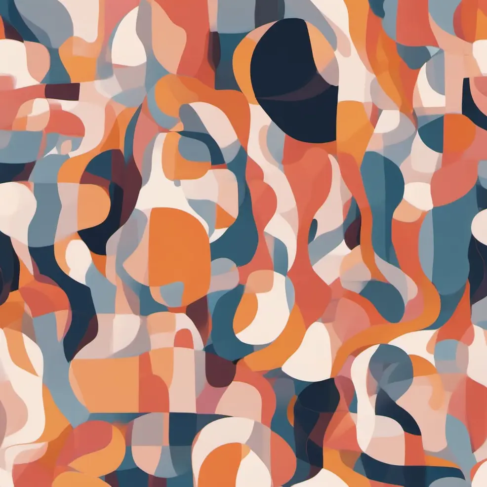 Overlapping abstract shapes in orange, blue, white, and dark grey sit on a flat, patterned background