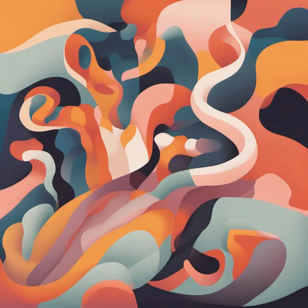 Flowing, layered shapes in orange, blue, pink, and grey form a dynamic, swirling composition