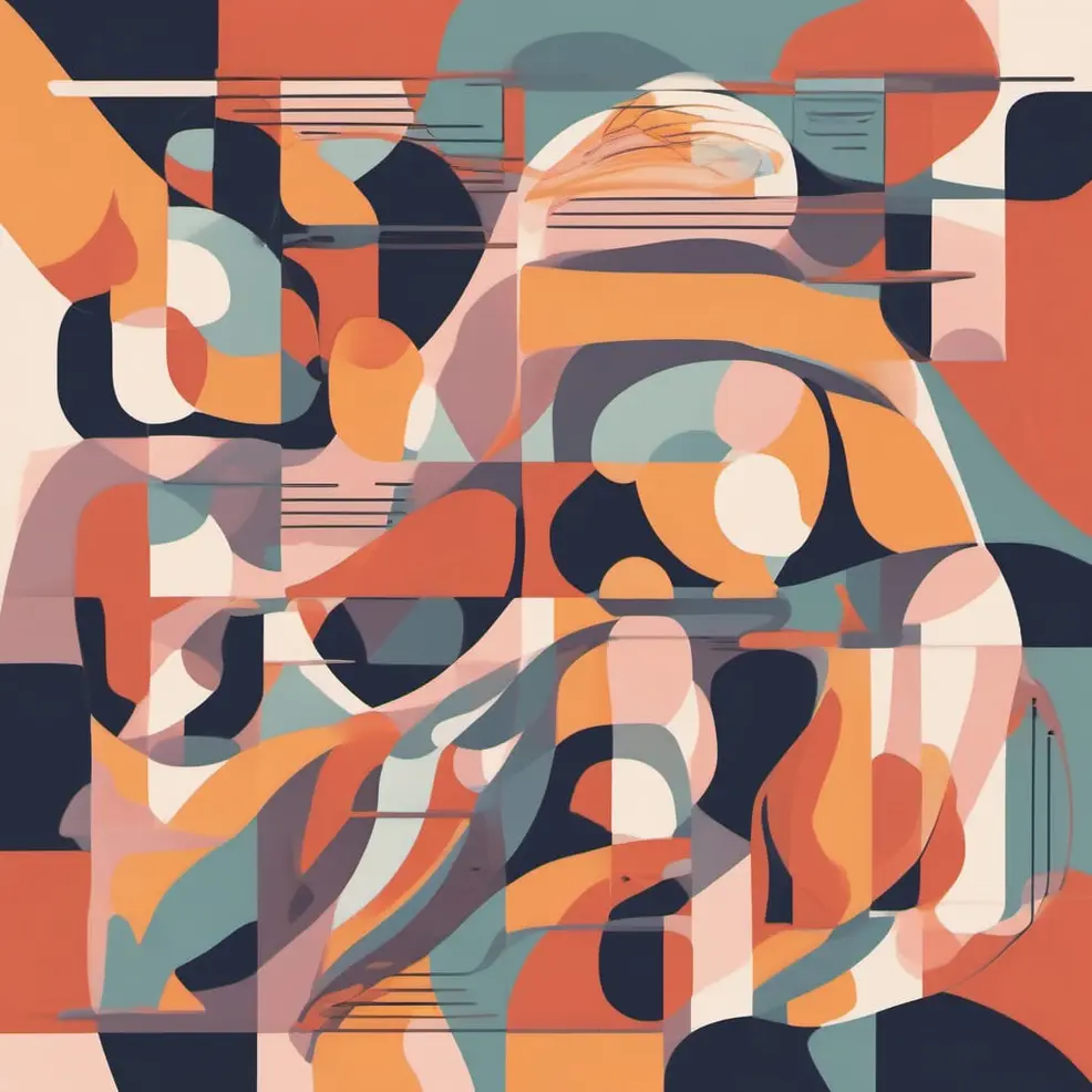 Overlapping geometric shapes in orange, blue, pink, grey, and black with thin white lines