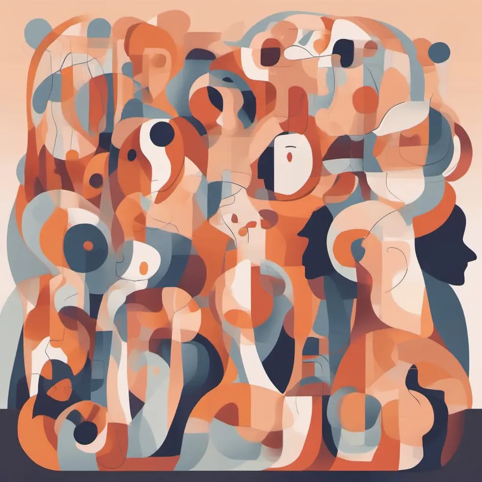 Overlapping abstract shapes in orange, blue, gray, and white sit on a peach-colored background