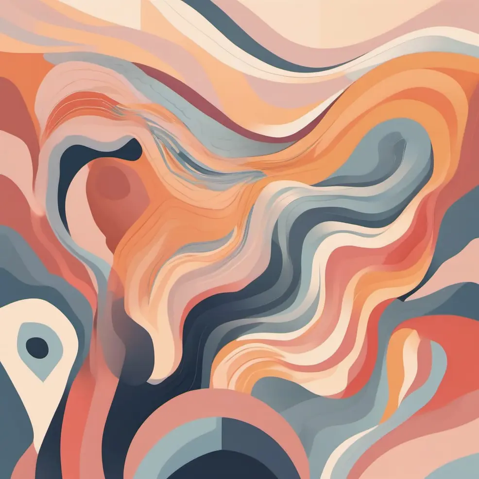 Flowing, wavy bands in orange, peach, blue, and gray form a dynamic, organic pattern