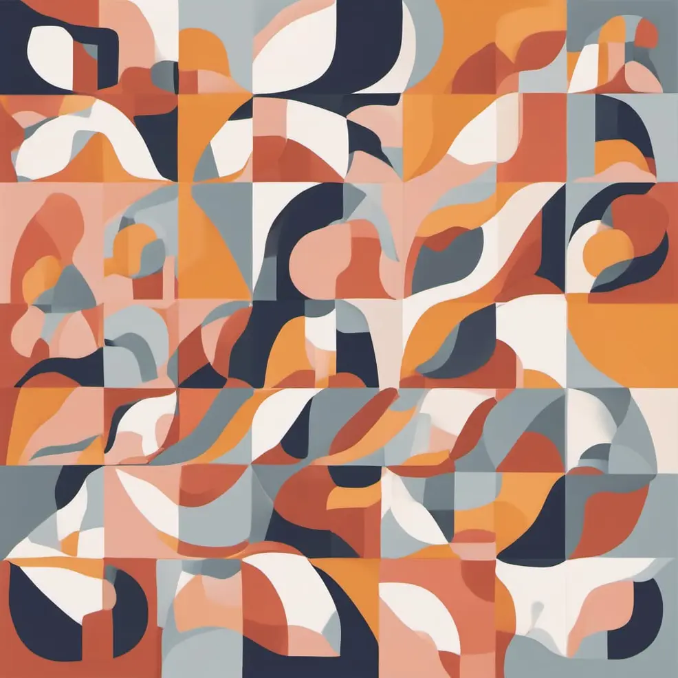 A square grid background features repeating abstract, curved shapes in orange, beige, grey, white, and navy blue