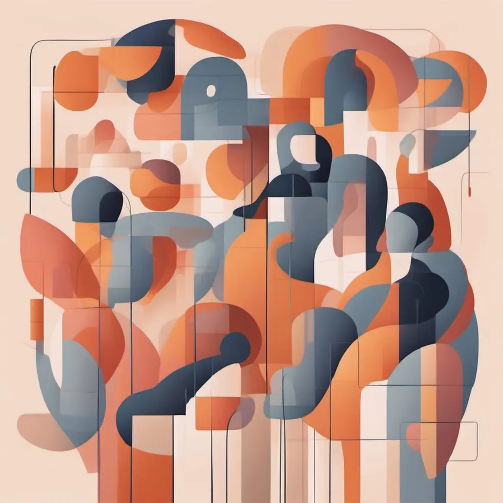 Overlapping rounded and rectangular shapes in orange, blue-gray, and beige sit on a light tan background with thin vertical lines