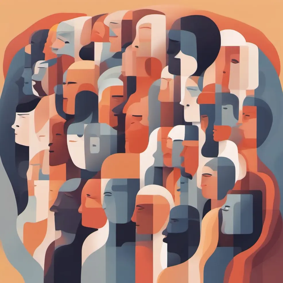 Overlapping stylized faces in orange, blue, and white stand against a warm yellow-orange background