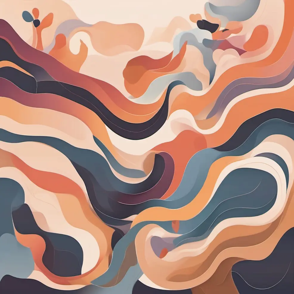 Layered, flowing shapes in orange, blue, beige, and maroon appear against a pale peach background