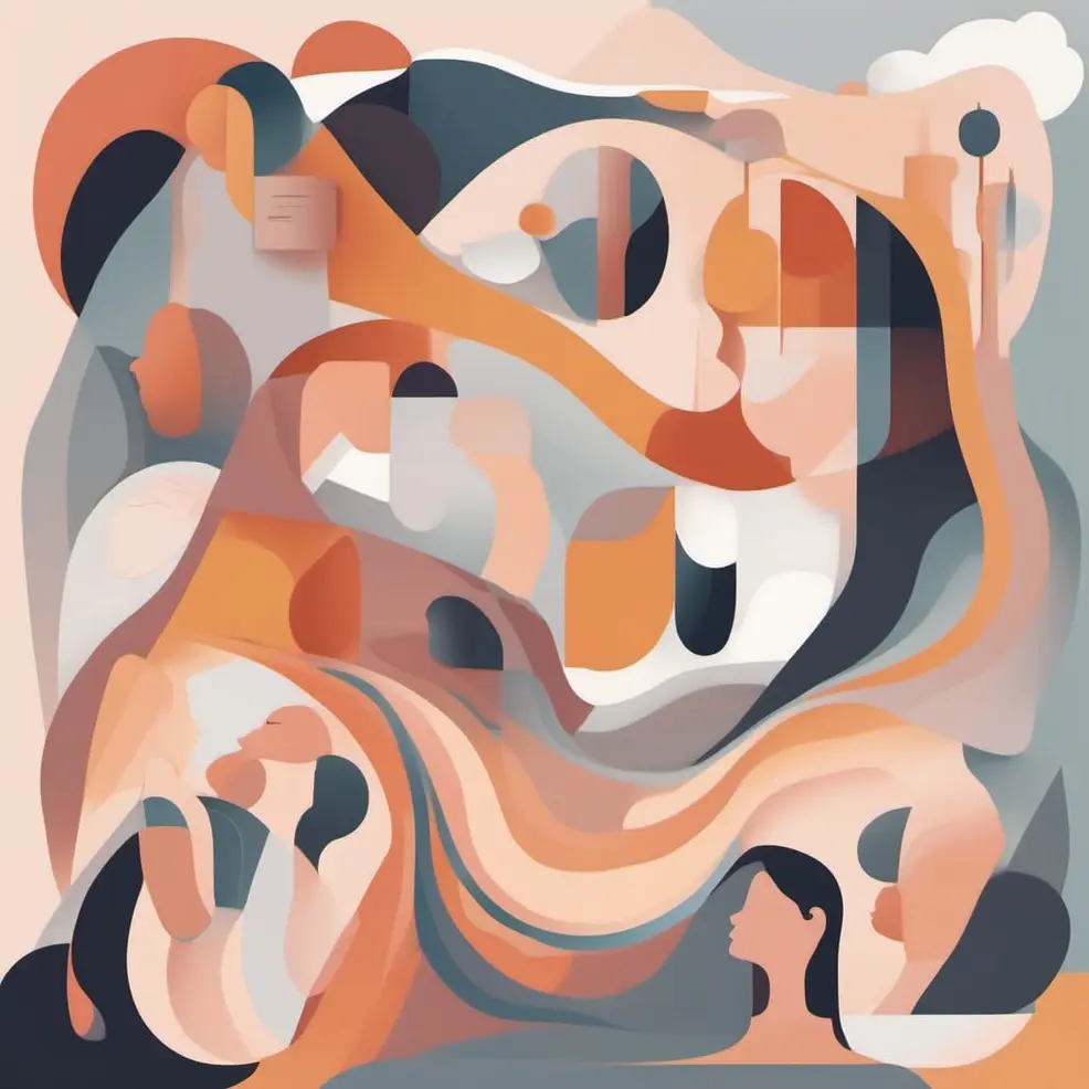 Overlapping curved and geometric shapes in orange, gray, white, and dark blue on a pale peach background