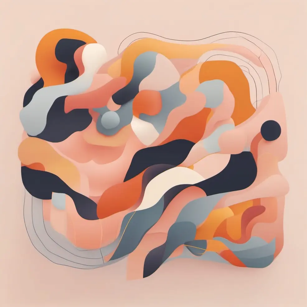 Layered abstract shapes in orange, gray, black, and peach sit on a pale pink background with faint line details