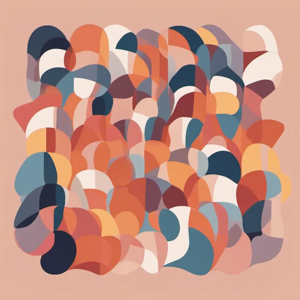 Overlapping rounded shapes in orange, blue, cream, and maroon sit on a pale peach background