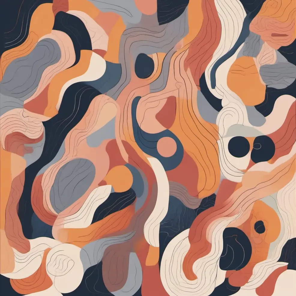 Overlapping abstract shapes in orange, blue-gray, cream, and dark navy form a swirling, organic pattern