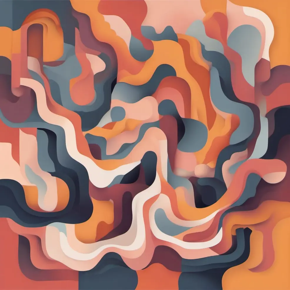 Flowing, layered shapes in orange, red, grey, and cream against a light background