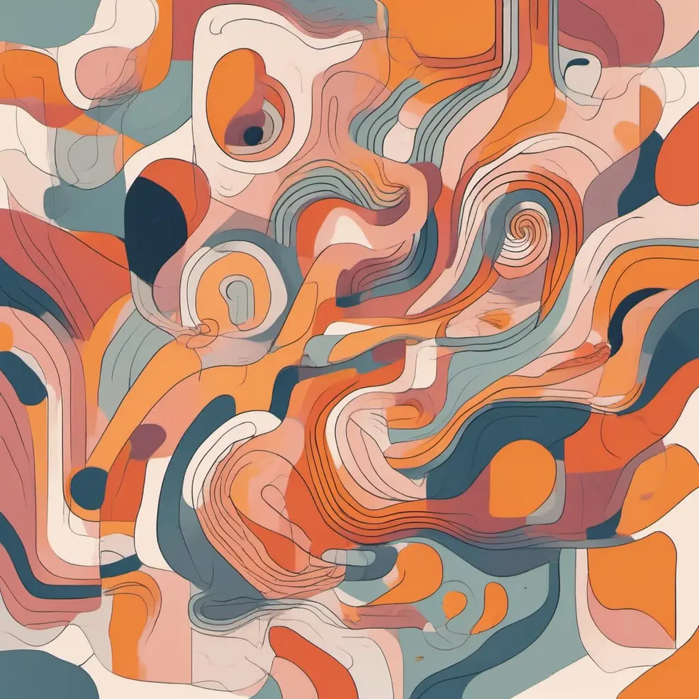 Swirling orange, blue, beige, and white organic shapes layered over a textured background
