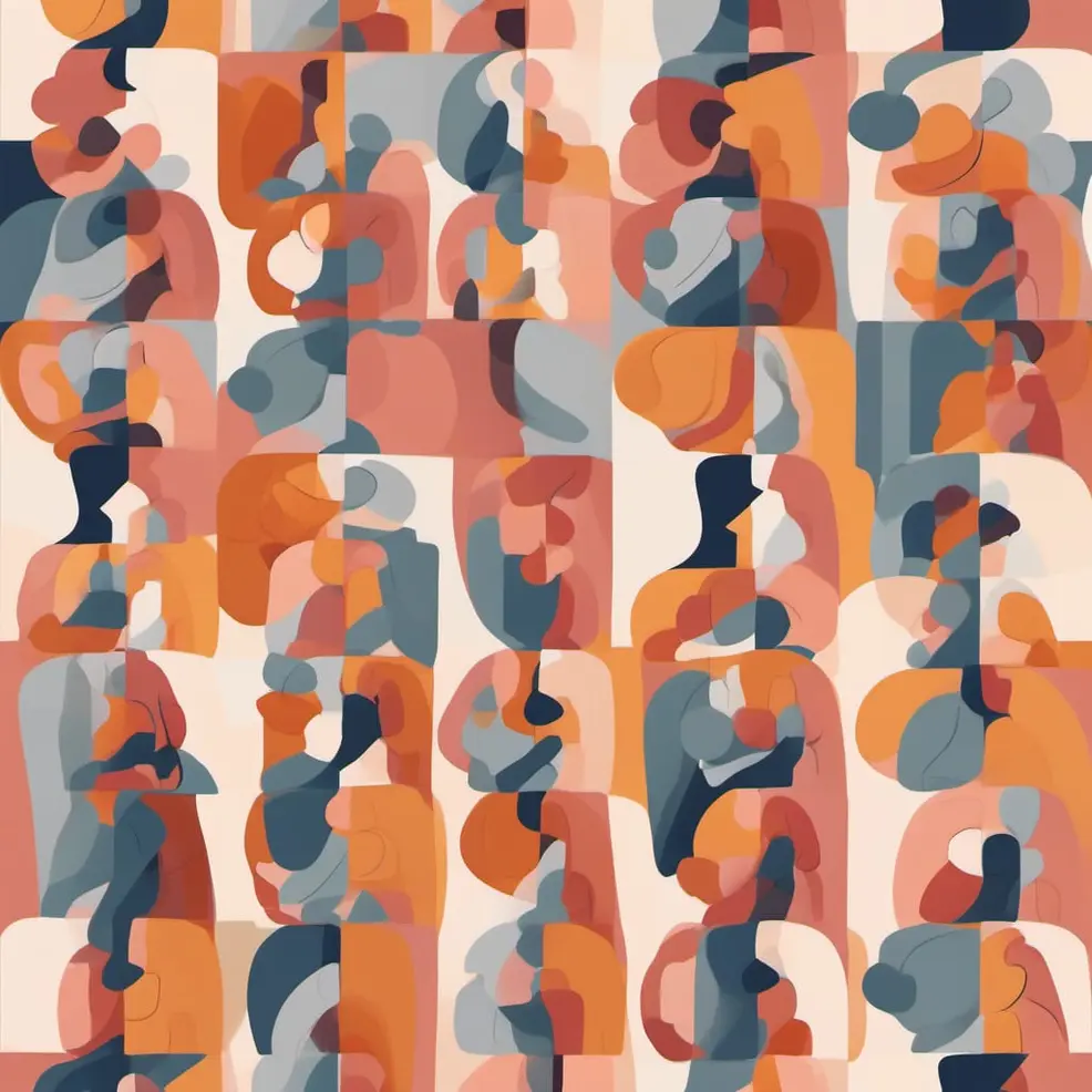 A seamless pattern of abstract, overlapping shapes in orange, grey, beige, and muted blue covers a white background