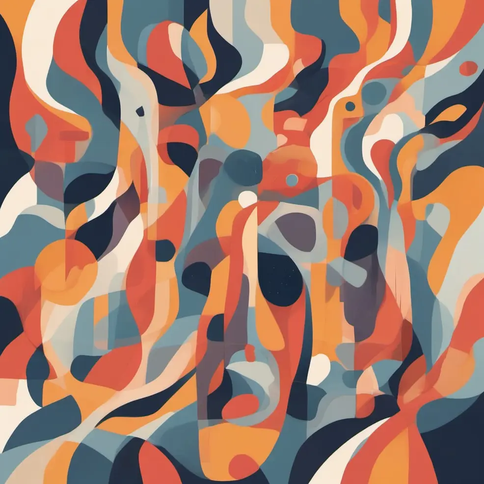 Overlapping, fluid shapes in orange, blue, white, and black form a dynamic, textured composition