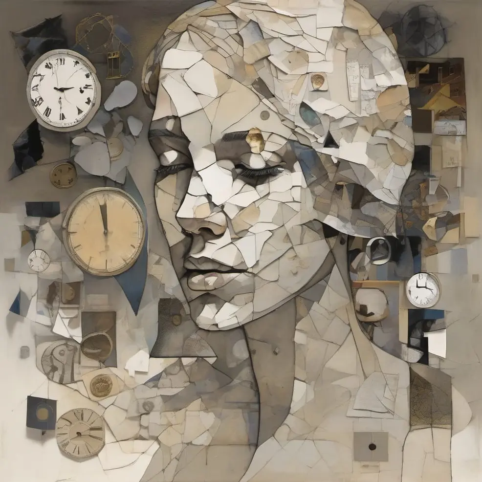 A fragmented portrait of a person surrounded by clocks, papers, and architectural elements in muted beige, grey, and brown tones